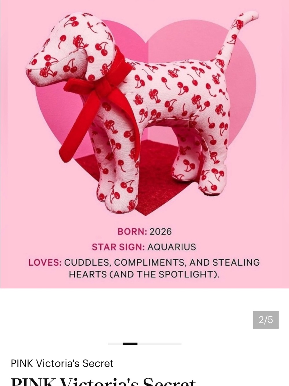 PINK Victoria's Secret Pink Plush Dog with Red Cherry Print